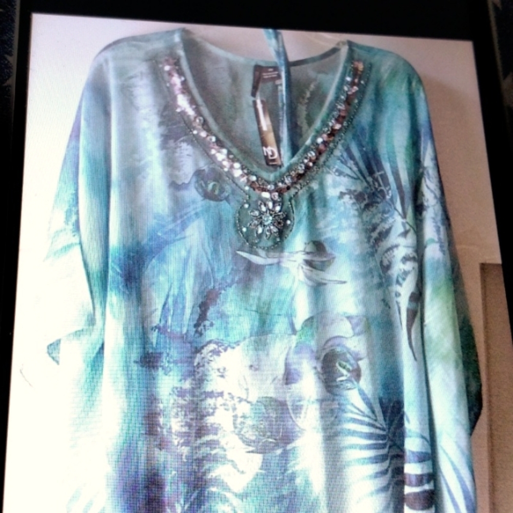 Women's Plus size 2X butterfly sleeve long tunic top, Aqua NWT $35.00